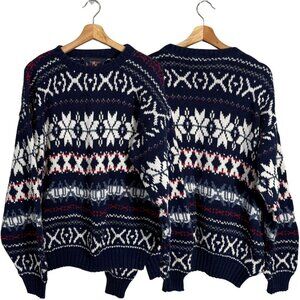 Vintage Eclectic Grandpa Fair Isle Snowflake Sweater Pullover Men's Large Blue